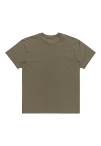 Camiseta de manga corta en verde oliva, hecha de algodón, con un cuello redondo y un diseño simple y liso. Sin patrones ni acentos visibles.