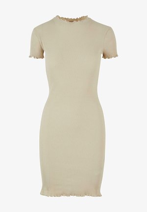 Beige geribbelde jurk met korte mouwen en een rucheshalslijn en -zoom. Strak model, gemaakt van rekbaar materiaal.