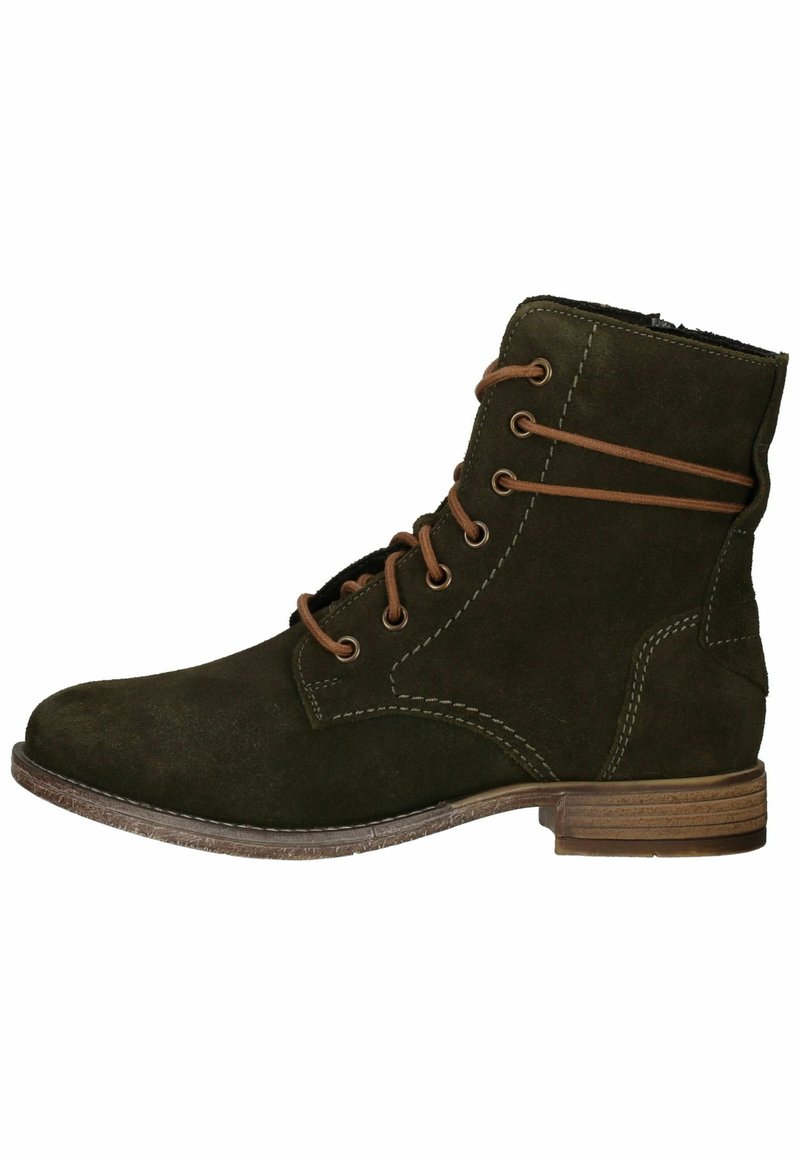Stivaletto alla caviglia in suede verde scuro con lacci e cuciture marroni, punta rotonda e tacco basso impilato. Cerniera laterale per un facile accesso.