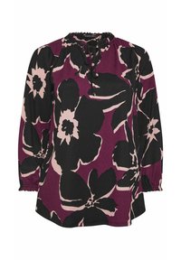 Blusa a maniche lunghe in nero, viola scuro e morbido rosa con motivo floreale. Presenta un colletto arricciato e polsini elasticizzati, tessuto strutturato.