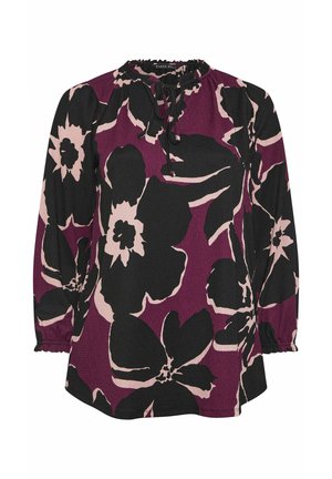 Langarmbluse in Schwarz, Dunkellila und einem weichen rosa Blumenmuster. Mit einem gerafften Halsausschnitt und elastischen Bündchen, aus strukturiertem Stoff.