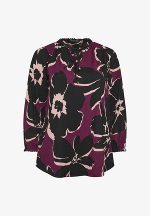 Langarmbluse in Schwarz, Dunkellila und einem weichen rosa Blumenmuster. Mit einem gerafften Halsausschnitt und elastischen Bündchen, aus strukturiertem Stoff.