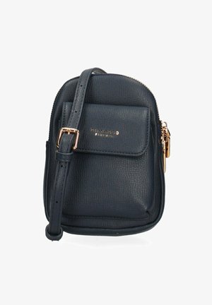 Navy blue textured leather crossbody bag with a front pocket, gold-tone hardware, and an adjustable strap. Zipper closure at the top.