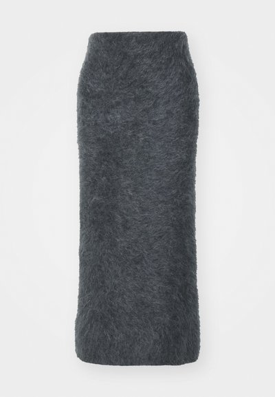 Szürke gyapjú ceruzaszoknya puha, bolyhos textúrával. Feszes szabással és térd-aljú dizájnnal rendelkezik. Nincsenek látható hardverek vagy minták.