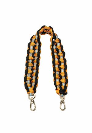 Braided strap in black, orange, and gray with two metal clips. Textured surface; thick and durable design for secure attachment.