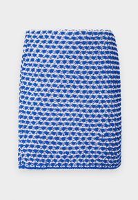 Blue and white patterned knitted scarf, featuring a textured weave and rectangular shape, with a lightweight fabric composition.