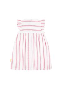 Vestido a rayas que presenta tela blanca con franjas horizontales rosas, mangas con volantes, un corsé ajustado y una falda acampanada.