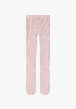 Leggings rosa a coste con un tessuto texturizzato, caratterizzati da una cucitura orizzontale e due dettagli a bottone sul retro. Forma aderente, design lunghezza intera.