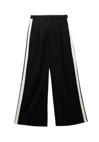 Zwarte wijde broek met een hoge taille, voorzien van witte zijstrepen. Gemaakt van een soepele stof, met een op maat gesneden ontwerp en plooien.