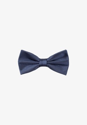 Papillon di colore blu navy realizzato in tessuto strutturato, caratterizzato da un motivo a pois bianchi e un nodo centrale per un design classico.