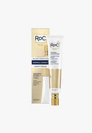 Crema de noche Roc Retinol Correxion en un tubo blanco y dorado de 30 ml, junto a una caja dorada y azul, etiquetada con detalles y características del producto.