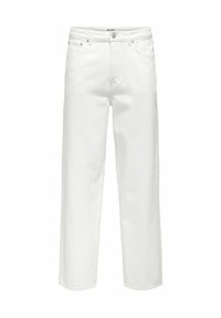 Vaqueros de mezclilla blanca con corte recto, diseño de cinco bolsillos, cierre con botón de metal y detalles de costura sutiles.