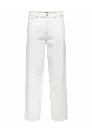 White denim jeans with a straight-leg cut, five-pocket design, metal button closure, and subtle stitching details.