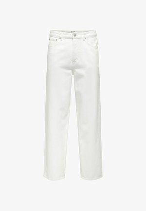 Witte spijkerbroek met rechte pijpen, vijf-pocket ontwerp, metalen knoopsluiting en subtiele stikseldetails.