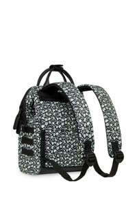 Black floral pattern backpack with adjustable straps, top handle, front zip pocket, and solid black accents at the base and hardware.