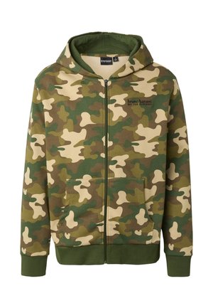 Sweat à capuche zippé avec motif camouflage vert et beige, poches avant et texte "bruno banani not for everybody" sur la poitrine.
