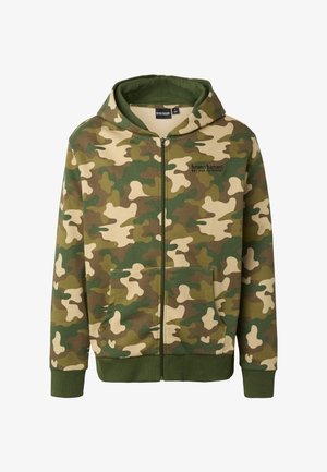 Sweat à capuche zippé avec motif camouflage vert et beige, poches avant et texte "bruno banani not for everybody" sur la poitrine.