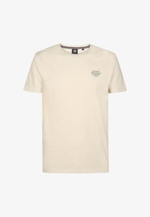 Kortærmet t-shirt i cremet bomuld med en plettet struktur og grønt trykt logo på venstre brystområde. Klassisk rund hals.