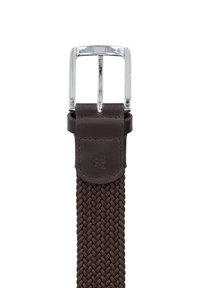 Brązowy pleciony pasek z metalową klamrą w kolorze srebrnym. Posiada skórzaną część z tłoczeniem "ROZMIAR 90". Wytrzymała tekstura warkoczowa.