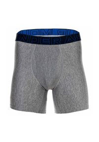 Graue Boxershorts aus dehnbarem Material, mit einem blauen Elastikbund, auf dem der Markenname "Under Armour" deutlich sichtbar ist.