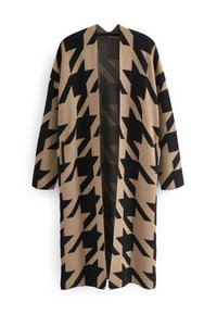 Pitkä, avonainen kardigan suurilla mustilla ja beigeillä houndstooth-kuvioilla sekä pitkillä hihoilla, esillä valkoista taustaa vasten.