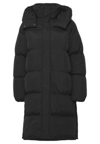 Black puffer coat with a high collar, oversized body, and horizontal quilted texture. Fastens with a central zipper and buttons.