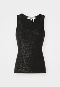 Canotta nera senza maniche realizzata in tessuto testurizzato con dettagli di paillettes. Presenta un collo rotondo e bordi a costine. Etichetta del marchio visibile.