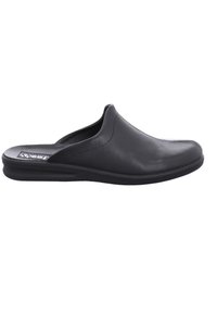 Black leather slip-on shoe with a rounded toe, smooth texture, and low rubber sole, featuring minimalist design and subtle stitching details.