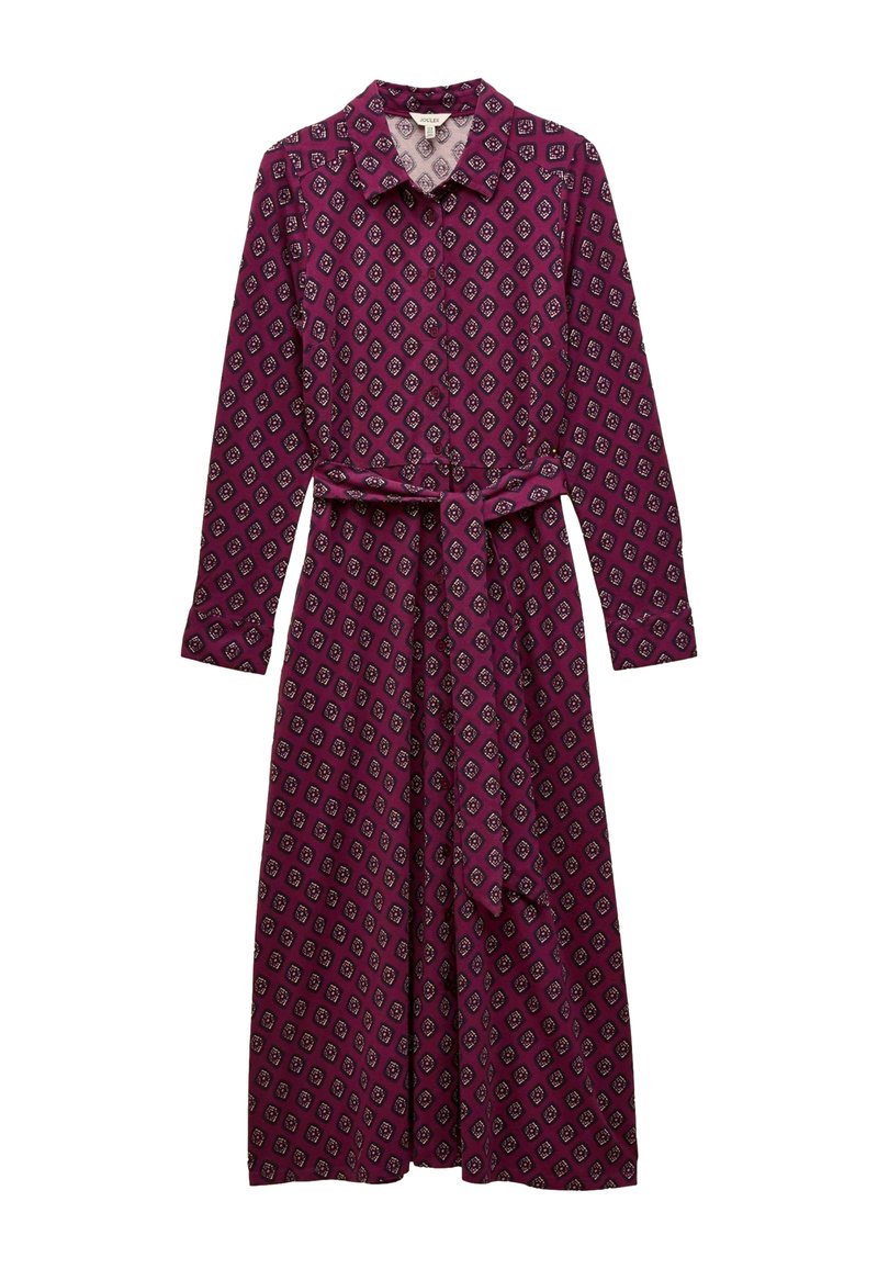 Dlhé rukávy, opásané maxi šaty v tmavo purpurovej farbe s diamantovým vzorom. Majú golierový výstrih a splývavú textúru látky.