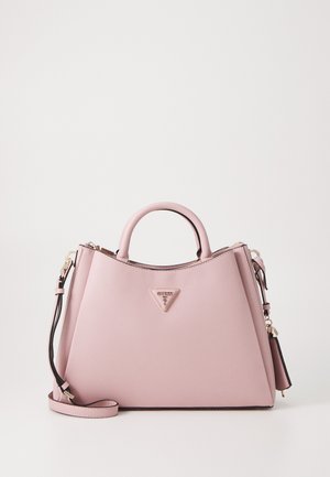 Pink synthetic handbag with structured design, top handles, detachable shoulder strap, and gold-tone hardware. Features a logo on front.