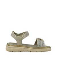 Sandal in pelle beige con cinturino alla caviglia regolabile, suola con dettagli dorati e decorazione in strass sulla parte superiore. Suola testurizzata.