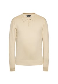 Beige lange mouwen polo shirt van zachte stof, met een klassieke kraag, drie knopen bij de hals en een rechte zoom.