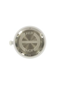 Rund hvid knap med en overflade af rustfrit stål mærket "HIP" og "HOP", med et pil-design og en sidejusteringsknap.