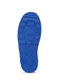 Blue rubber shoe sole with a textured pattern, featuring raised segments for grip and embossed size markings.