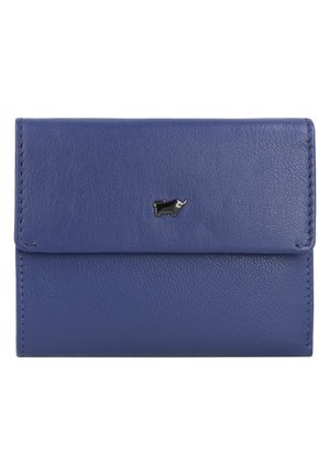 Cartera de cuero azul con superficie texturizada, que presenta un emblema de toro de metal negro en la parte frontal. Diseño cerrado con bordes aerodinámicos.