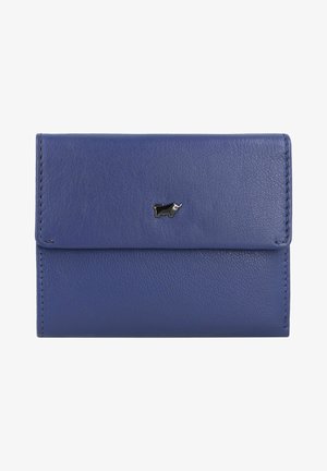Blue leather wallet with a textured surface, featuring a black metal bull emblem on the front. Closed design with streamlined edges.