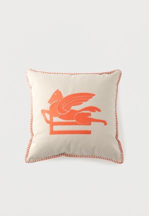 Cream square pillow with orange stitching and an orange embroidered winged horse design on front.
