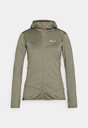 Oliven grøn zip-up jakke med hætte. Har struktureret stof, kontrasterende skulderpanel og orange lynlåsdetaljer.