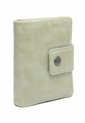 Light green leather wallet with a snap closure, featuring contrasting stitching and a smooth texture, embossed with brand name on side.
