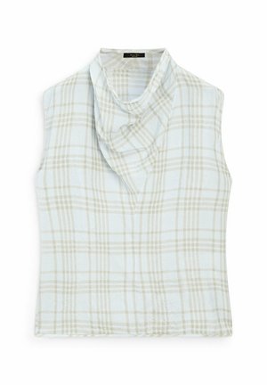Mouwloze blouse in lichtblauw met een beige geruit patroon. Kenmerkt zich door een gedrapeerde halslijn en een textuurstof met een zachte, gekreukte afwerking.