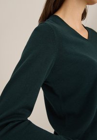 Dunkelgrüner Pullover mit glatter Textur, V-Ausschnitt und langen Ärmeln. Besitzt feine Nähte entlang der Nähte.