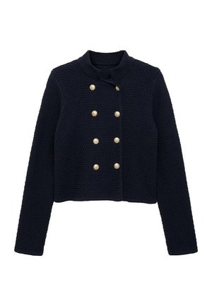 Veste cropped bleu marine en tissu texturé, avec un col haut et six boutons dorés à l'avant. Manches longues avec poignets ajustés.