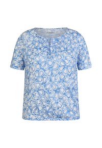 Blaue kurzärmelige Bluse mit floralen Mustern, runder Halslinie mit kleiner Knopfleiste und Raffung um den Hals.