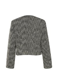 Czarnobiały, teksturowany, krótki żakiet z długimi rękawami, widziany od tyłu na białym tle.
