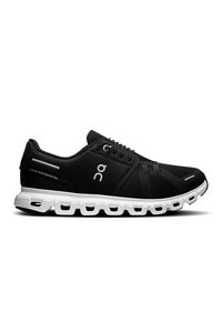 Baskets de course noires avec une tige en mesh, semelle de rembourrage blanche, fermeture à lacets et détail de logo sur le côté. Présente un design léger.