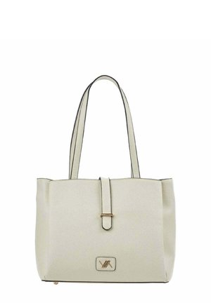 Crèmekleurige gestructureerde handtas met dubbele schouderbanden, sluiting met voorste riem en klein goudkleurig logo-plaatje onderaan in het midden.