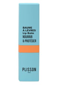 Lippenbalsam in einem rechteckigen türkisfarbenen Behälter mit einem orangefarbenen Akzentband. Schwarzer Text liest "Baume à Lèvres" und "Plisson Paris."