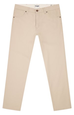 Beżowe spodnie Wrangler o prostych nogawkach, z pięcioma kieszeniami, zapinane na guzik, z szlufkami na pasek.