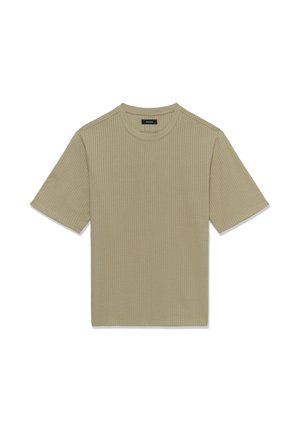 T-shirt beige en maille gaufrée à manches courtes avec col rond et une étiquette de marque noire à l'intérieur du col.