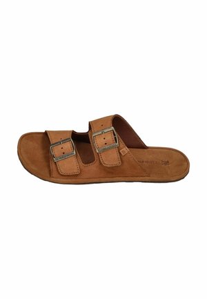 Brown leather slide sandal with two adjustable buckled straps and flat sole, branded "El Naturalista" on buckles and footbed.